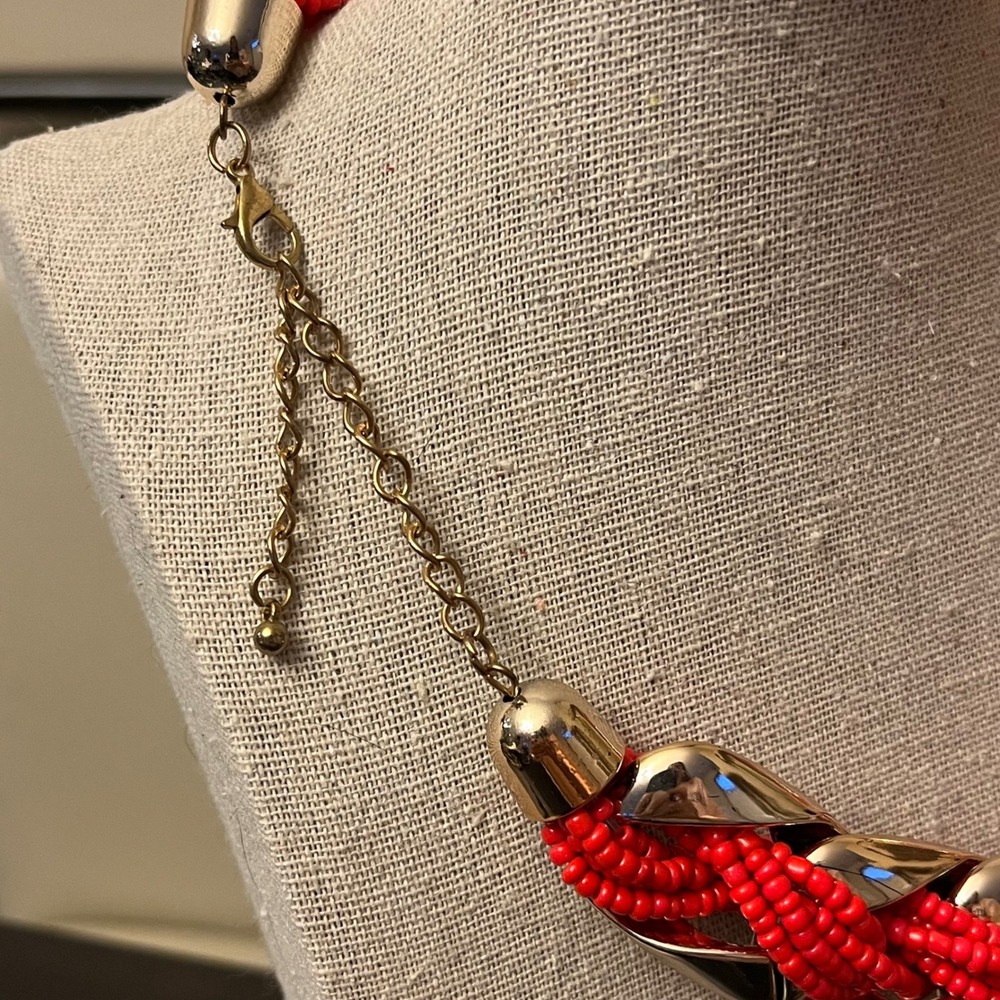 Chunky Gold Chain Red Beaded Statement Necklace Chunky Bib Necklace - Picture 6 of 6